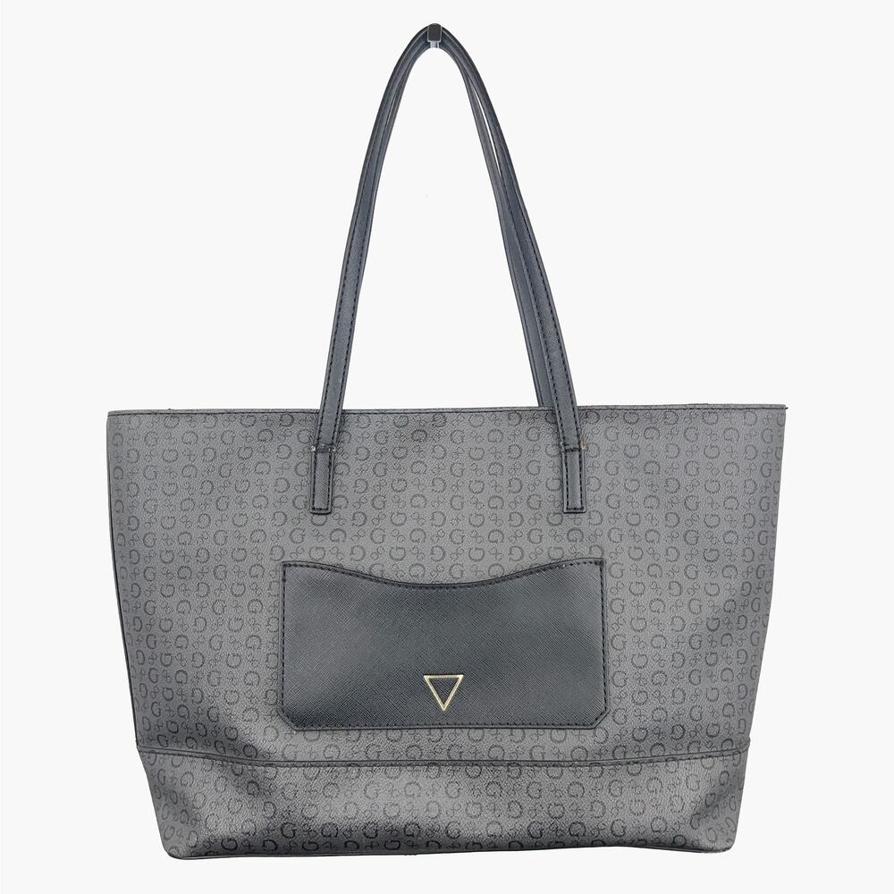 GUESS Clarke Signature Logo Faux Leather Tote Shopper Bag (Charcoal) - Picture 2 of 11